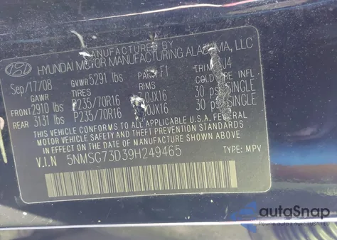 2009 Hyundai Santa Fe Gls from USA, damaged, VIN 5NMSG73D39H249465
